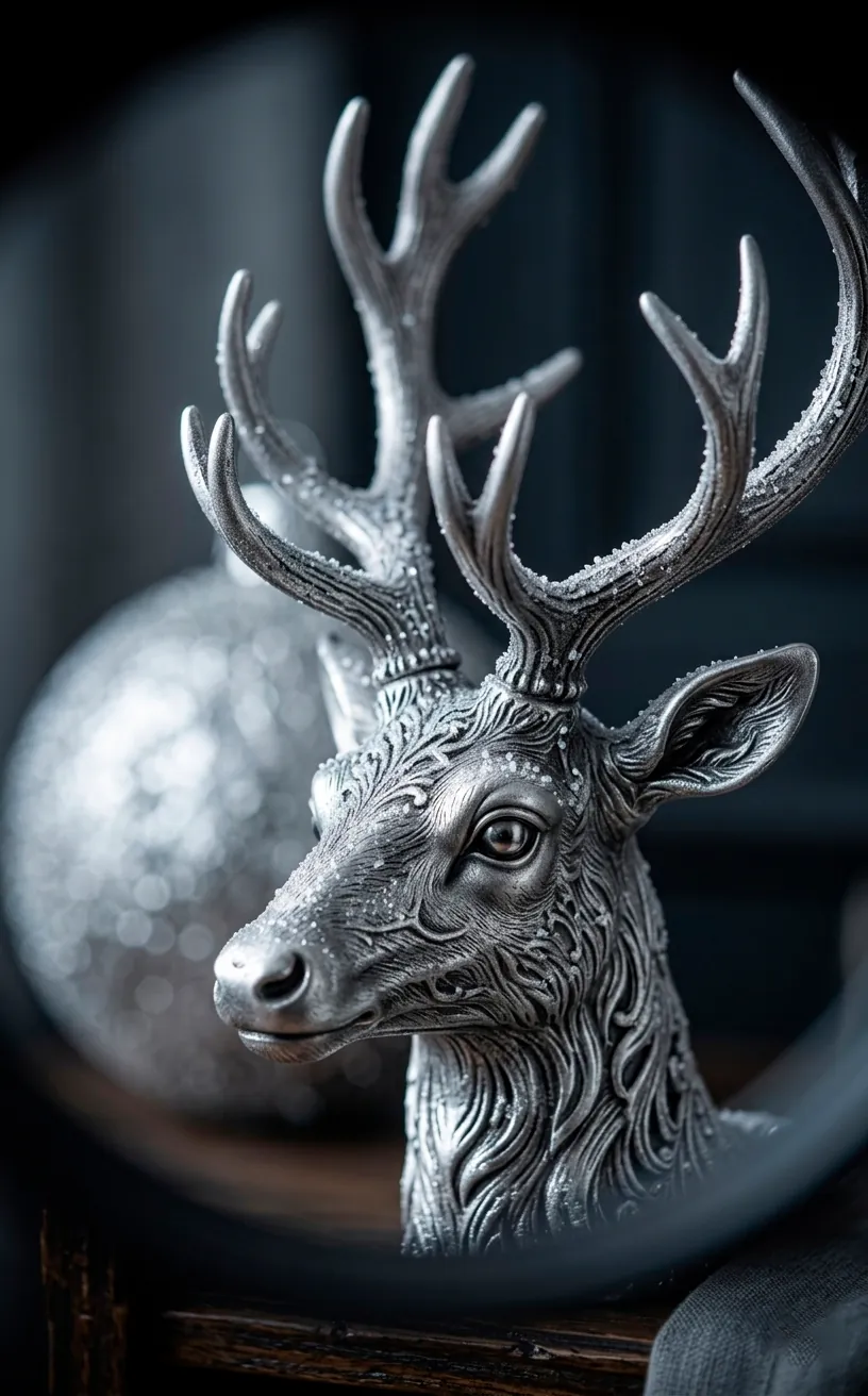 Close-up of the antlers and frosted finish of a silver reindeer figurine.
