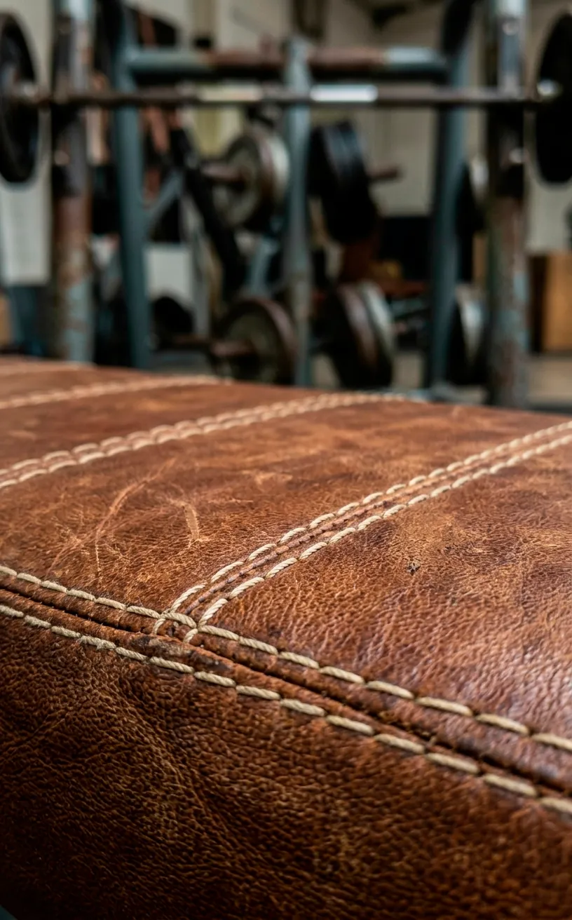 Close-up of vintage brown leather upholstery on a gym bench.
