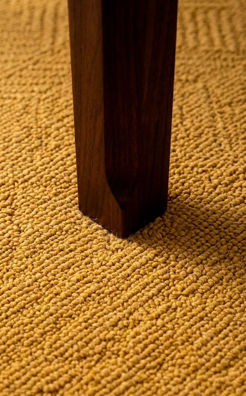 Close-up of a mustard yellow geometric rug texture with a wooden furniture leg.