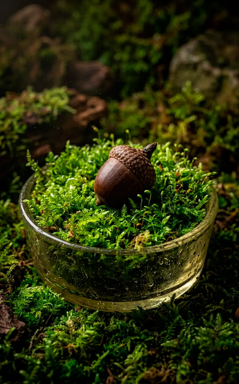 Close-up of moss and an acorn in a vintage glass bowl.
