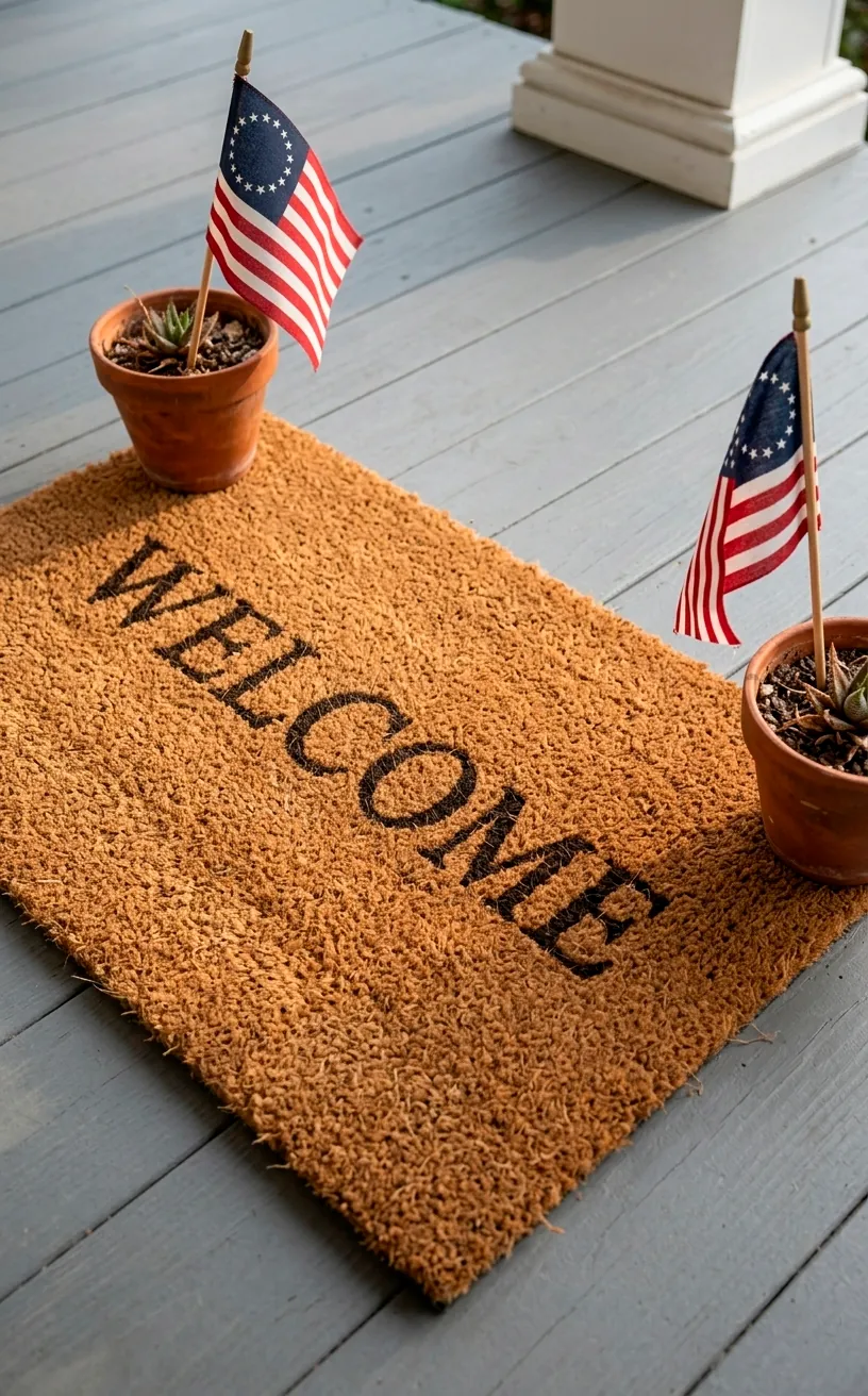 Coir doormat with 'Welcome' text and small American flags in the background.