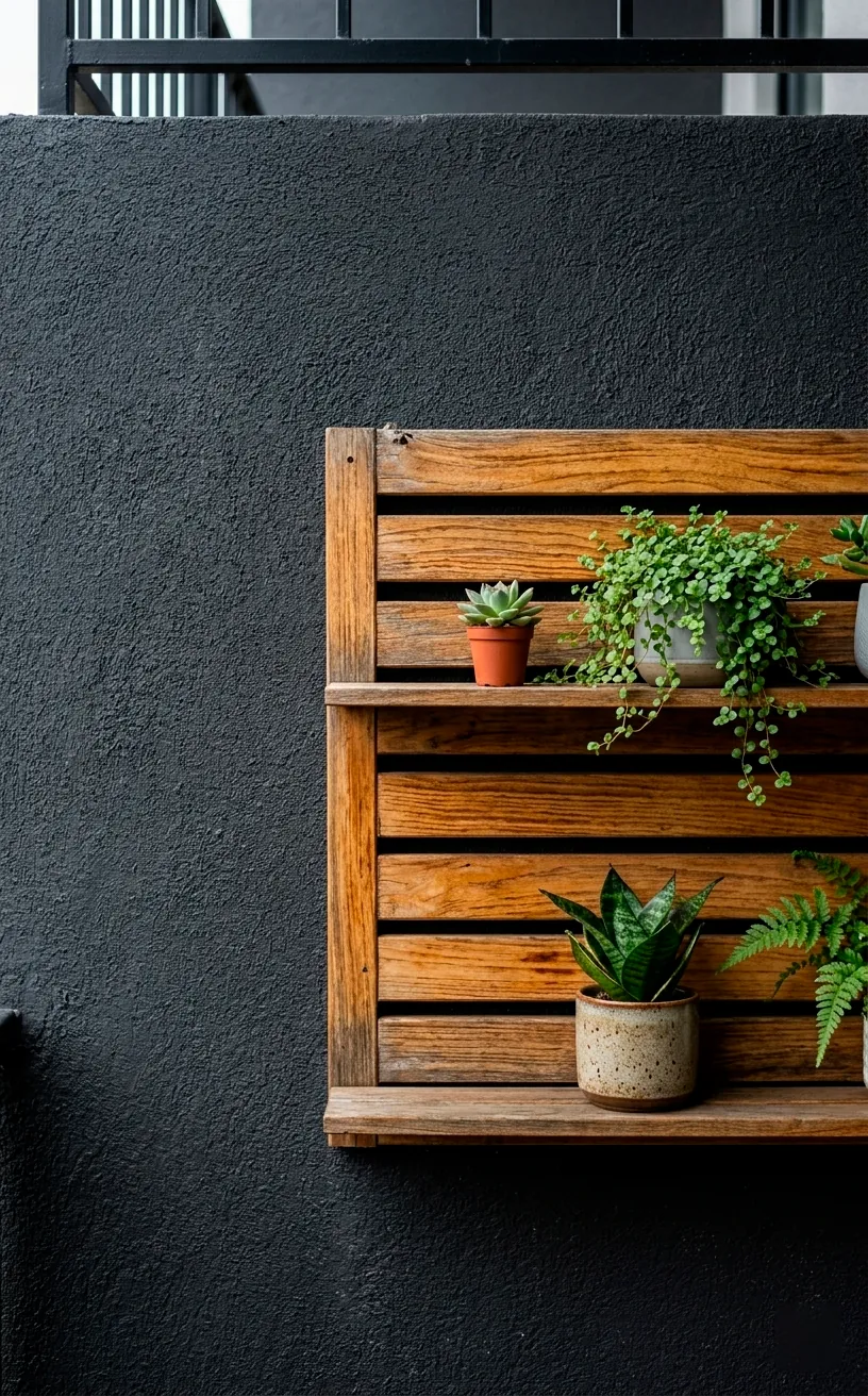 Detail of green plants on wood shelves against a charcoal grey balcony wall.