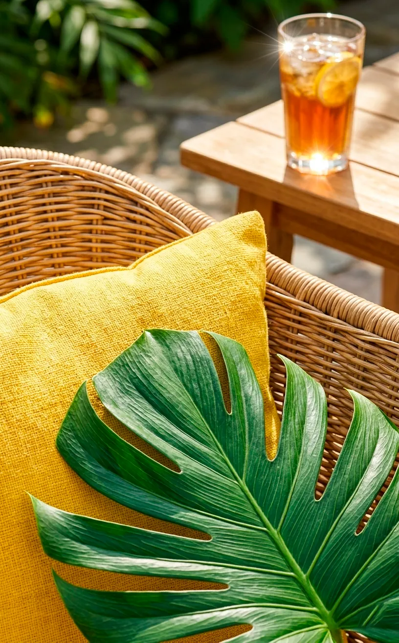 Detail shot of tropical palm leaves and bright yellow porch decor.