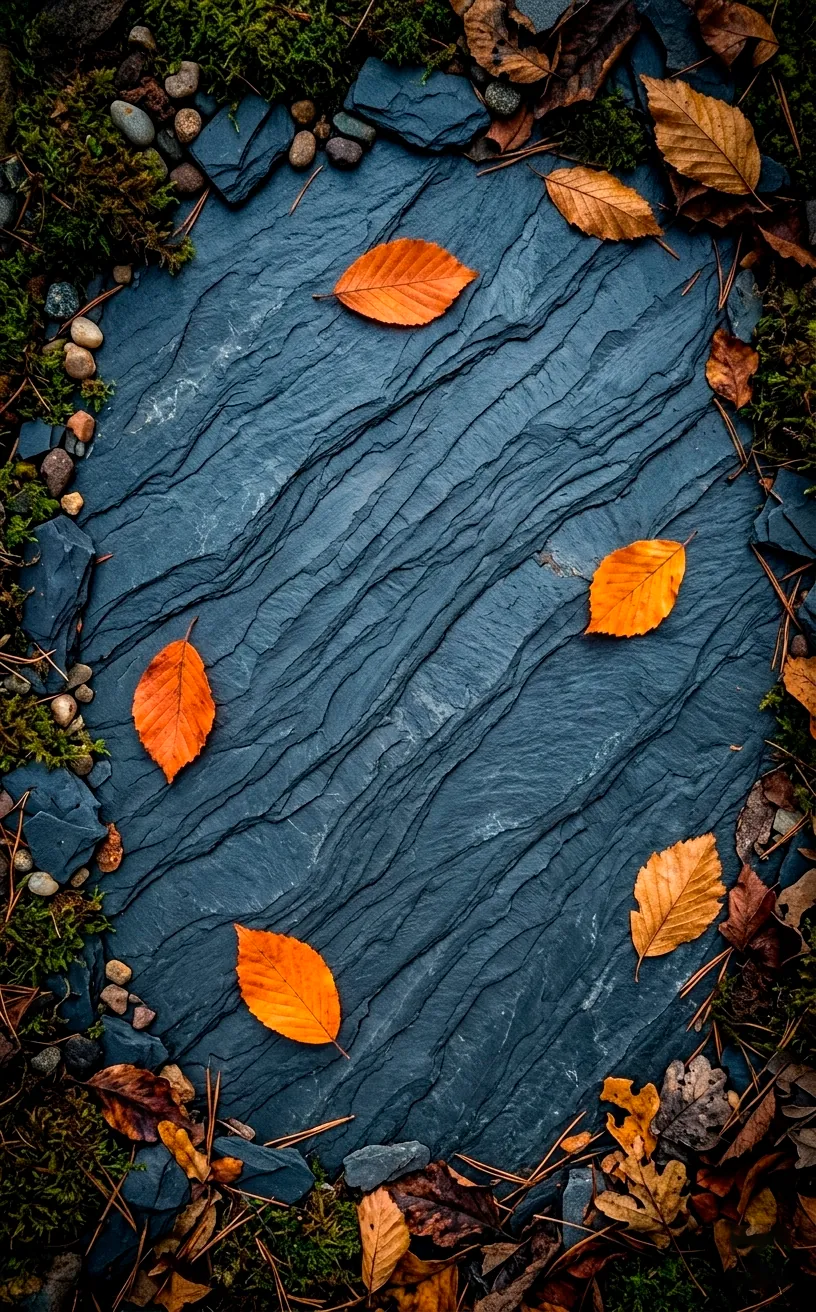 Close-up of dark slate tiles showing natural layered texture and orange leaves.