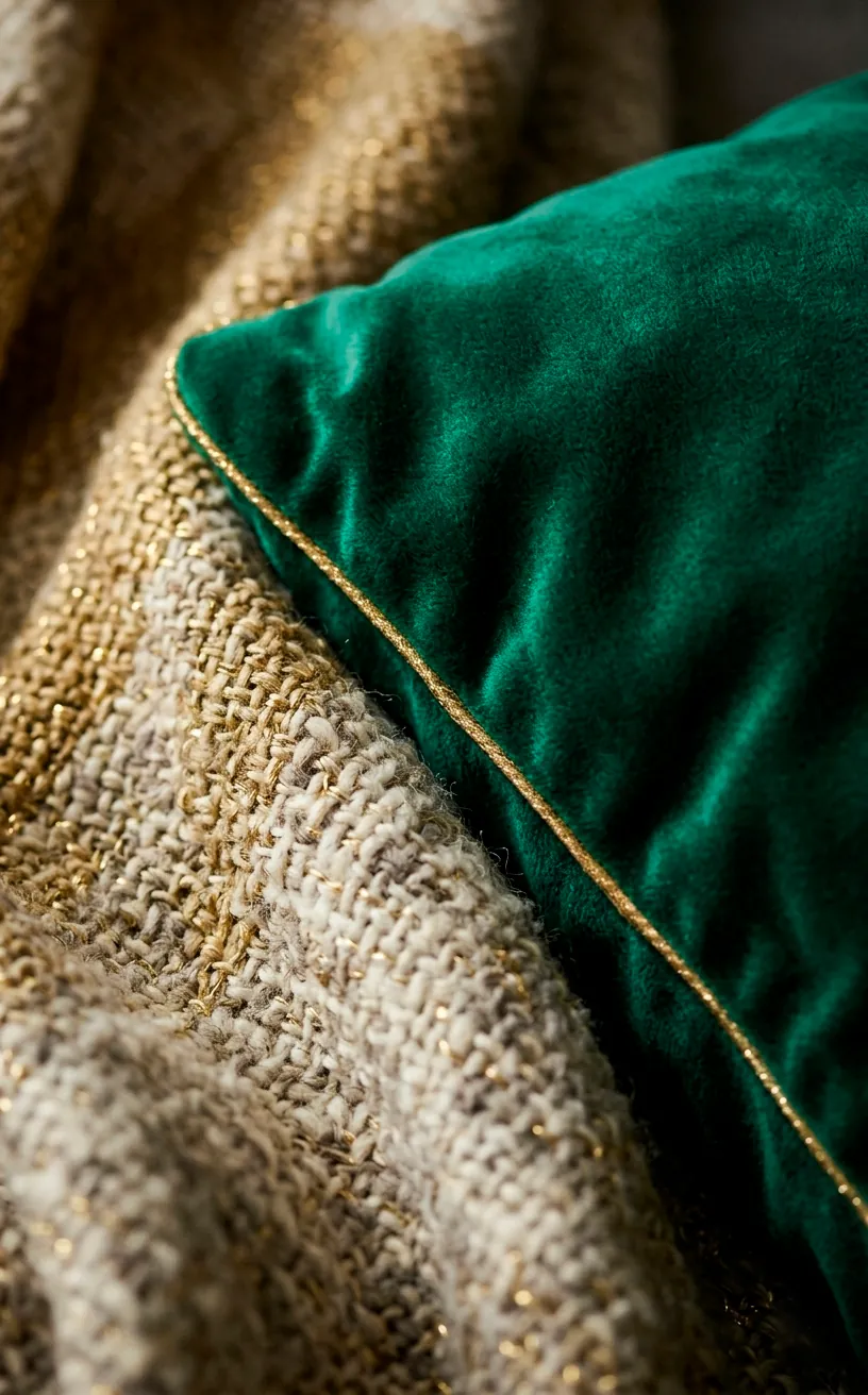 Close-up texture of emerald green velvet and gold-threaded wool holiday textiles.
