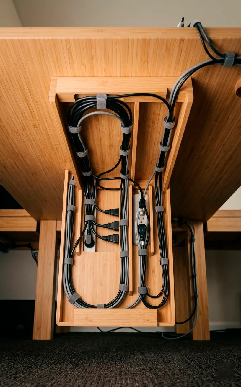 Under-desk bamboo cable management tray neatly organizing power cords and wires.