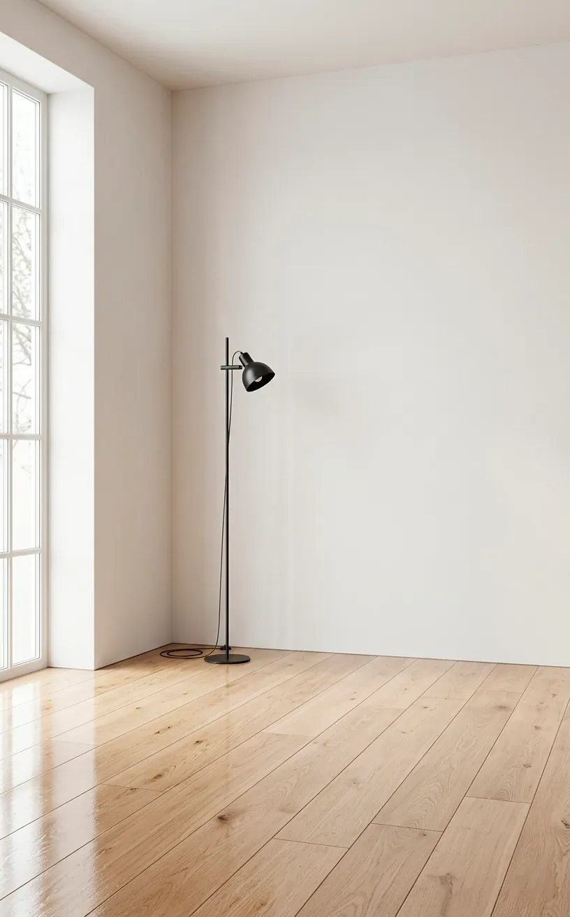 Empty minimalist room corner with polished wood floor and a slim black floor lamp.