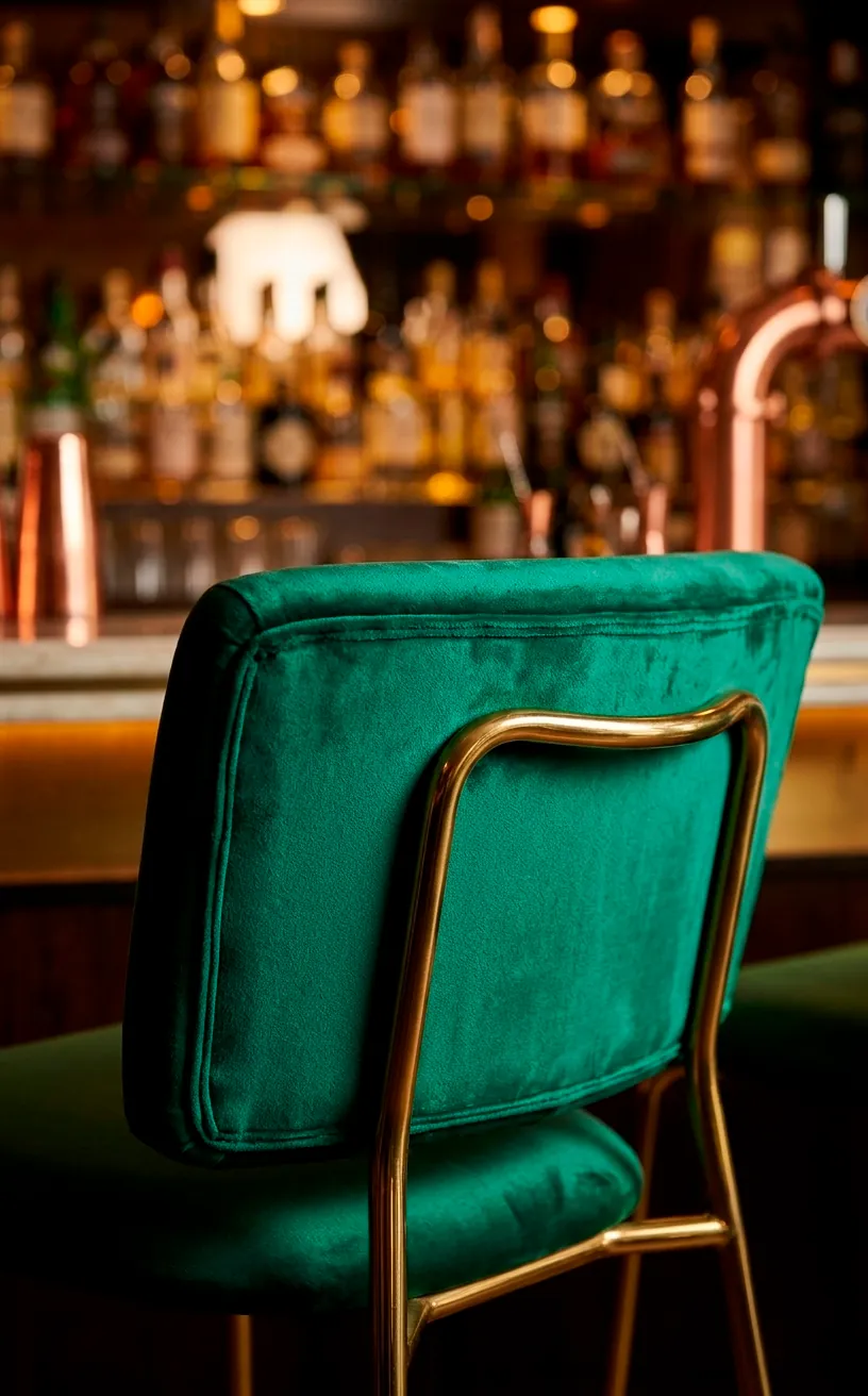 Close-up of emerald green velvet upholstery on a bar stool with gold accents.