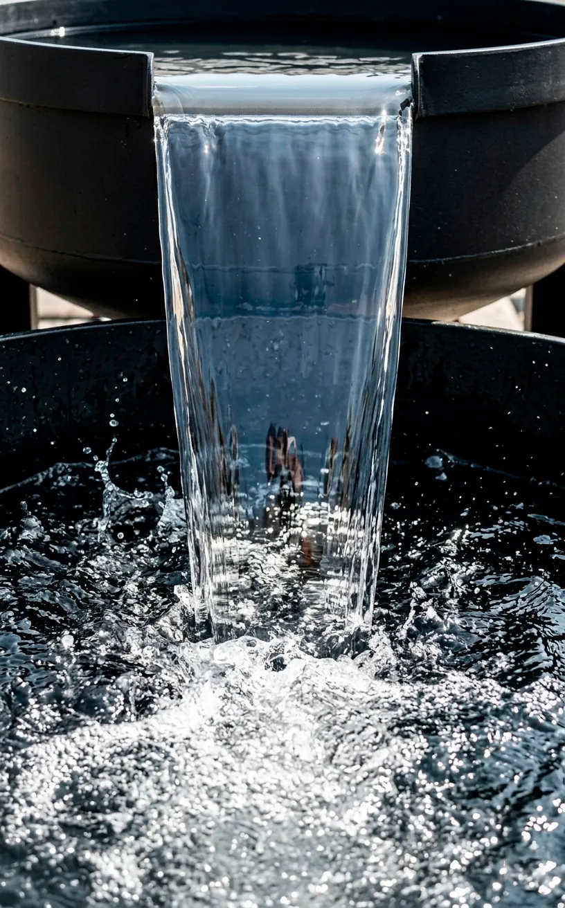 Detail of water overflowing from one black stock tank into another.