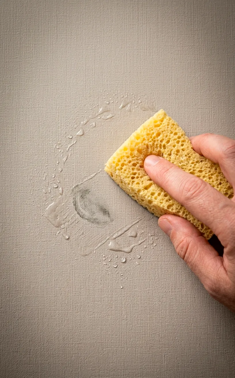 Wiping a smudge off durable vinyl peel and stick wallpaper with a damp sponge.