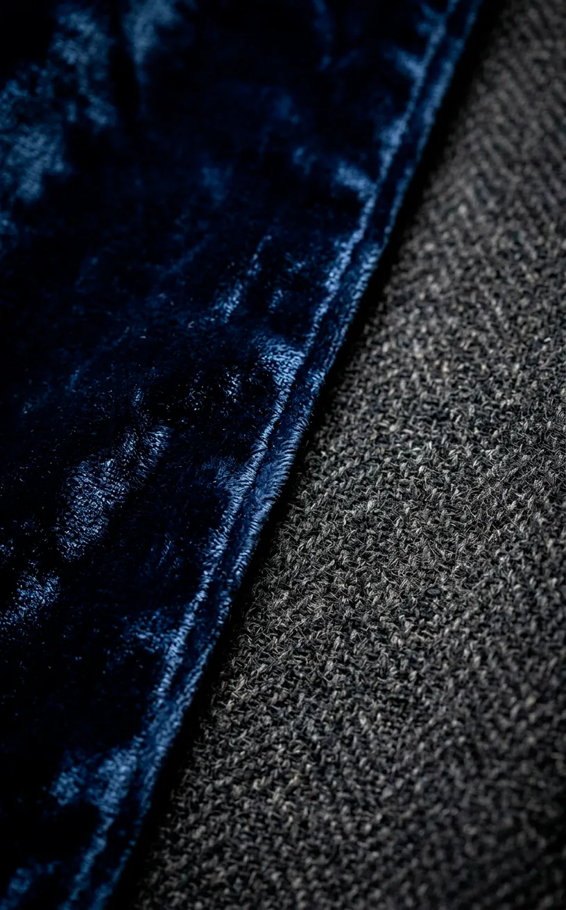 Close-up of navy velvet and charcoal wool textures on a luxury bed.