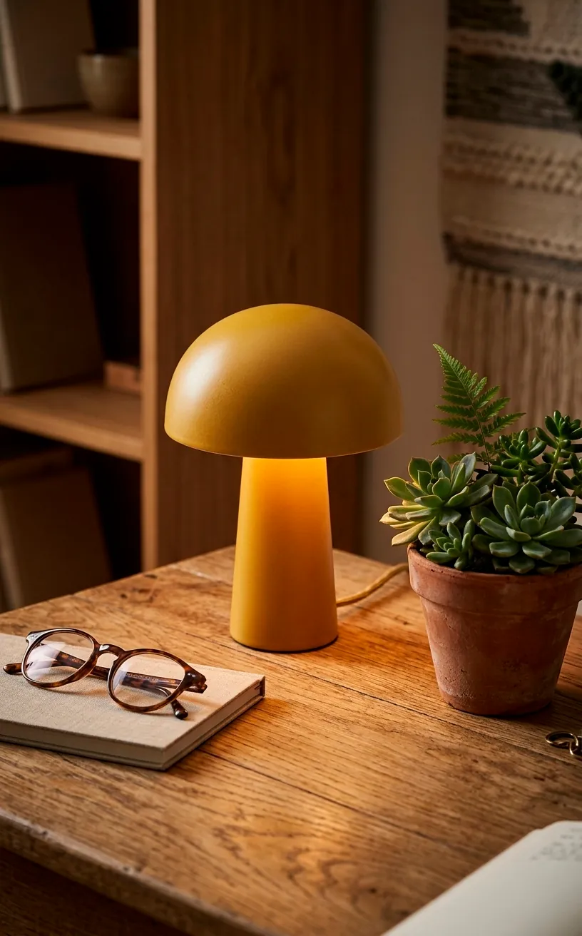Mustard yellow mushroom table lamp on a wooden desk with a warm glow.
