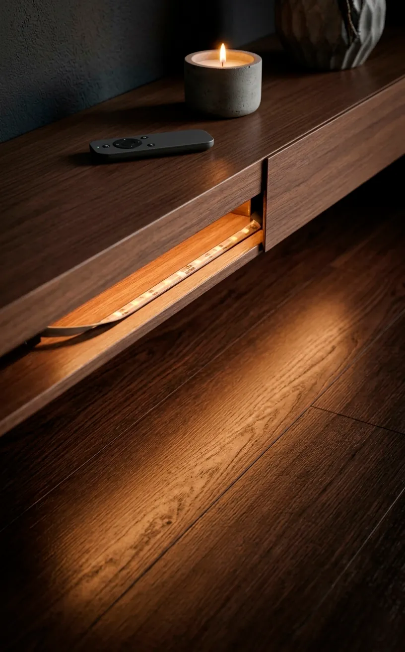 Close-up of integrated LED lighting strip under a floating media console.