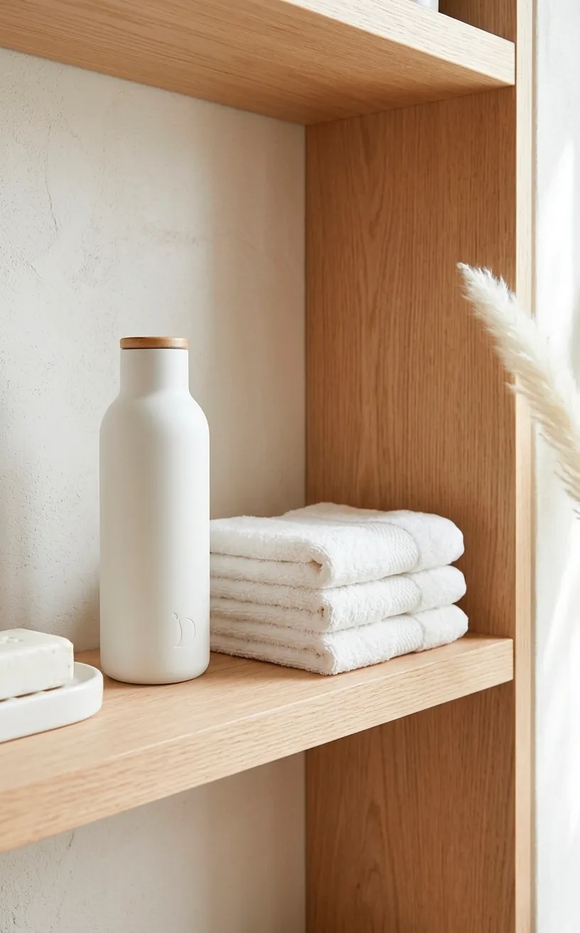 Light wood shelf with a white water bottle and towels, emphasizing a clean color palette.