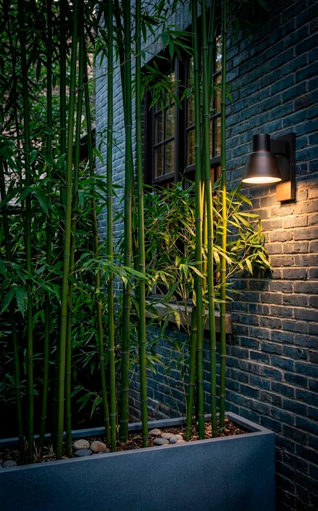 Natural bamboo privacy screen in a grey planter with modern outdoor lighting.