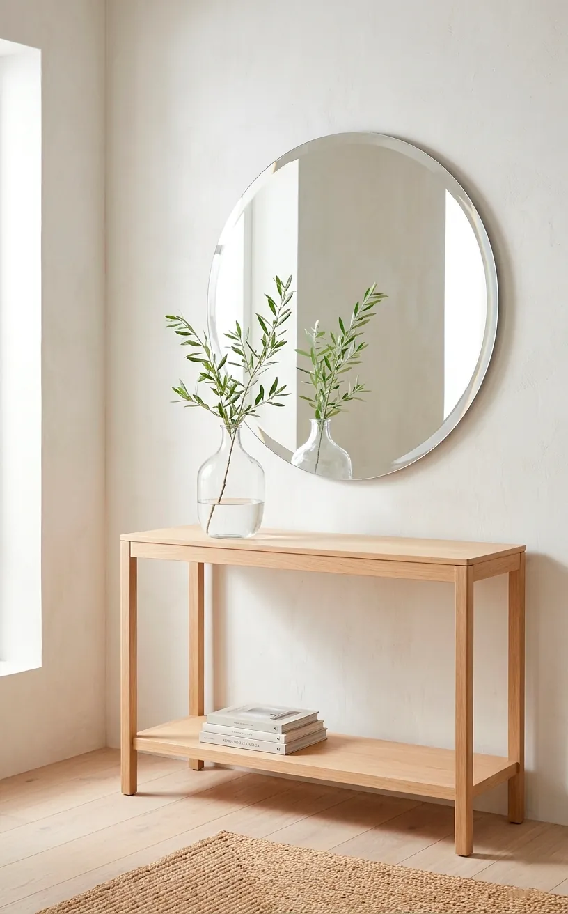 Round bevelled mirror above a console table reflecting a glass vase.