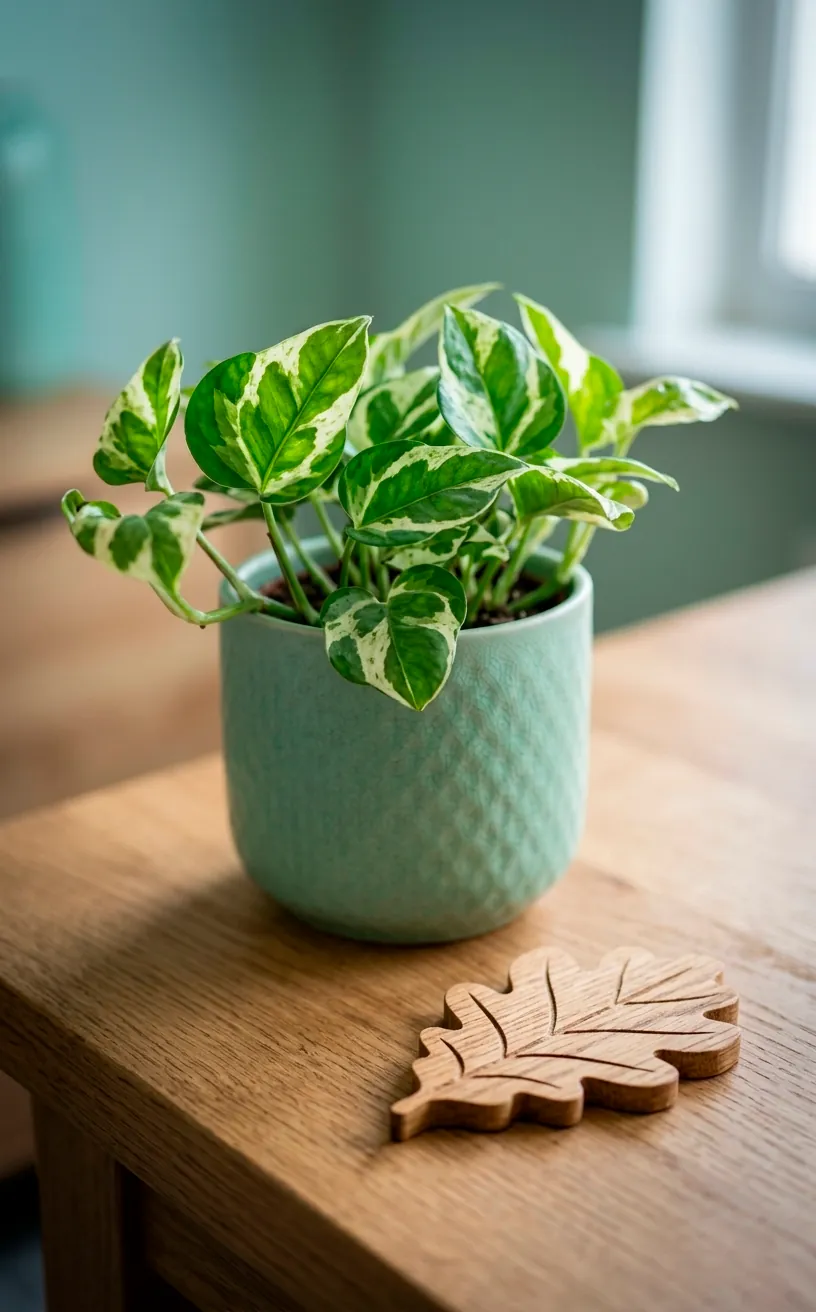Detail shot of a plant in a mint pot on an oak desk surface.