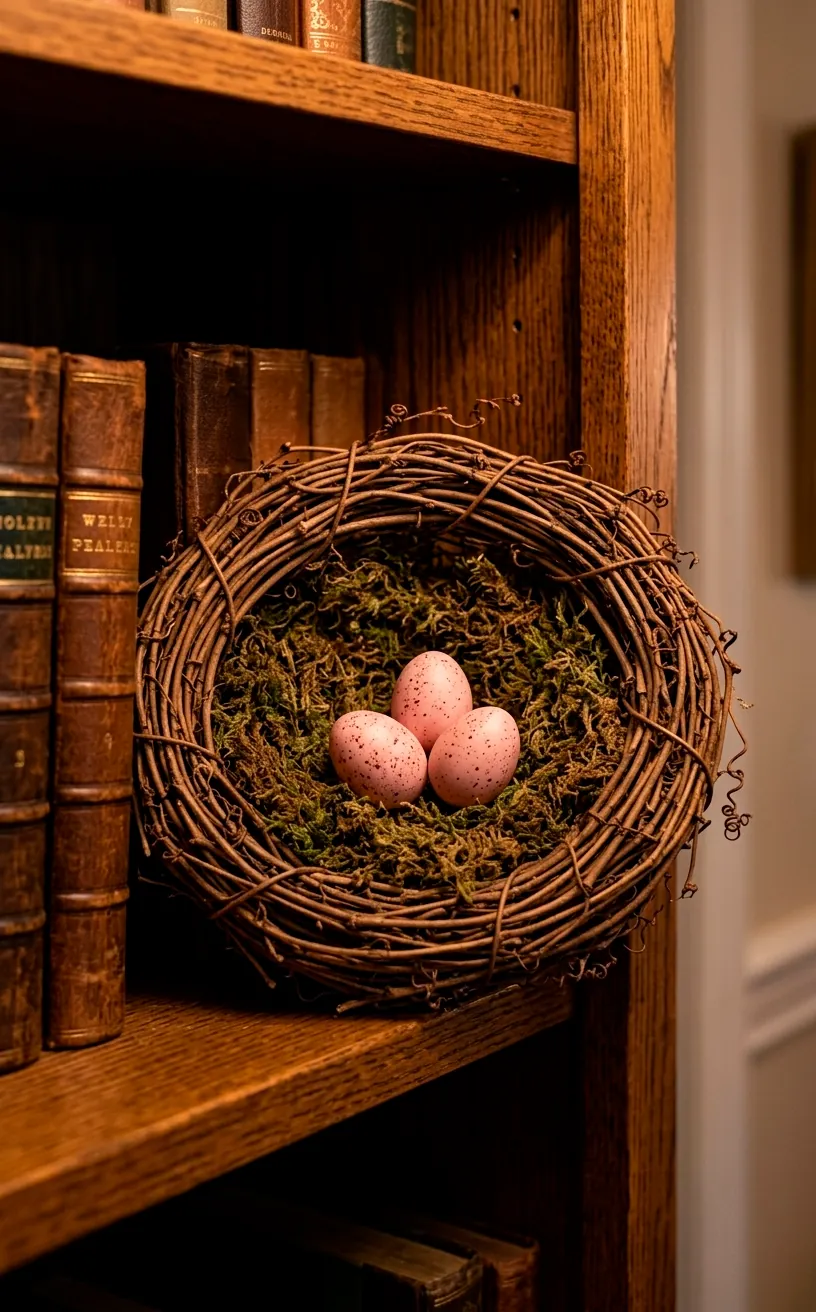 Small decorative bird's nest with pink speckled eggs on a shelf.