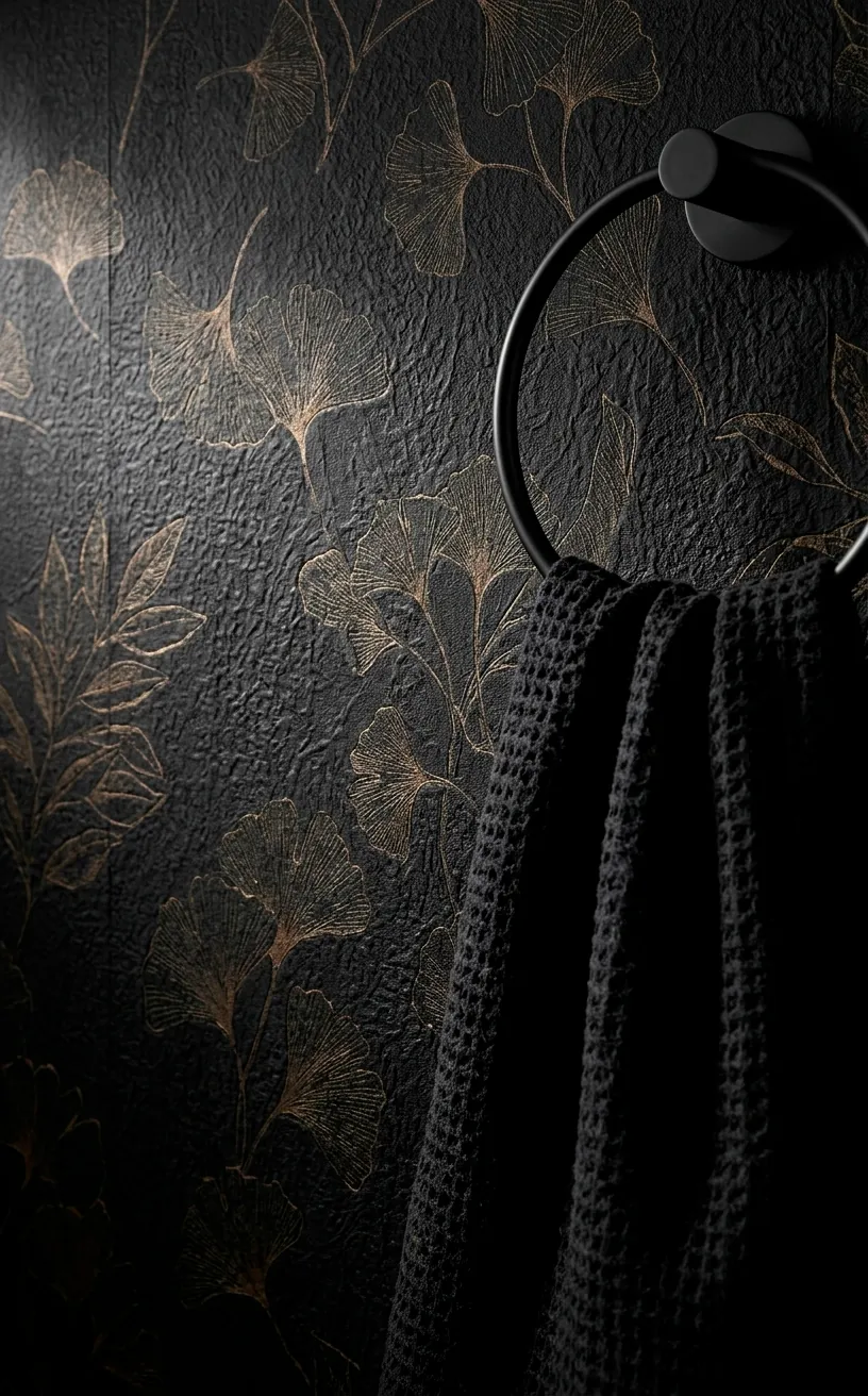 Close-up of black and gold botanical wallpaper texture.
