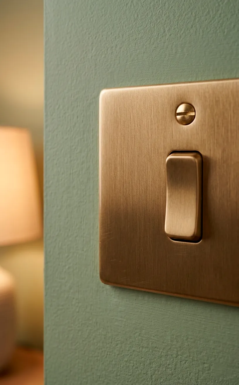 Brushed brass light switch plate on a textured sage green wall.