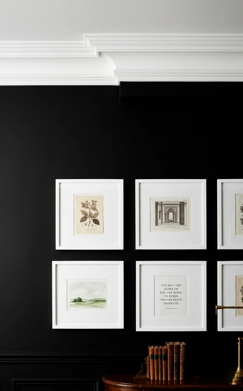 Close-up of black walls with white crown molding and white-framed art.