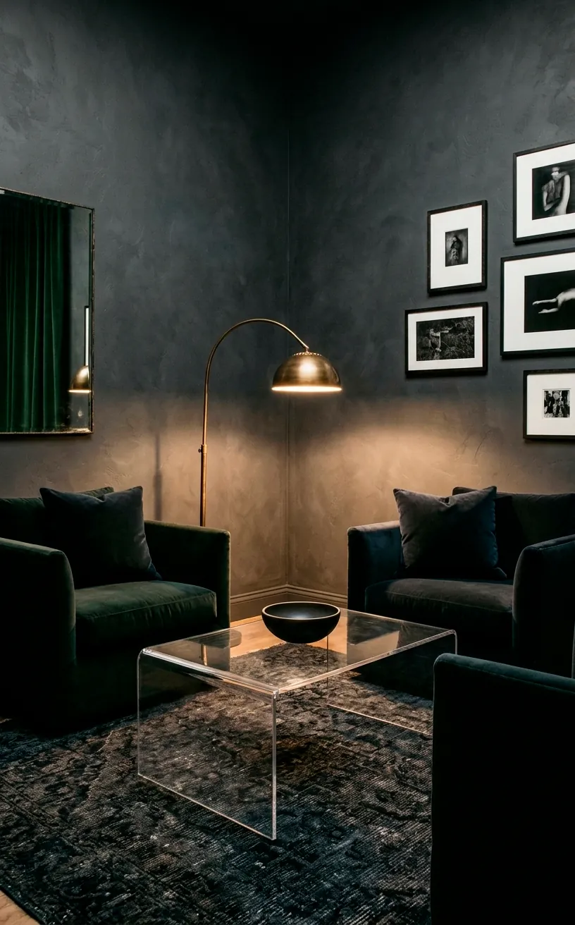Clear acrylic coffee table in a dark room showing how it saves visual space.