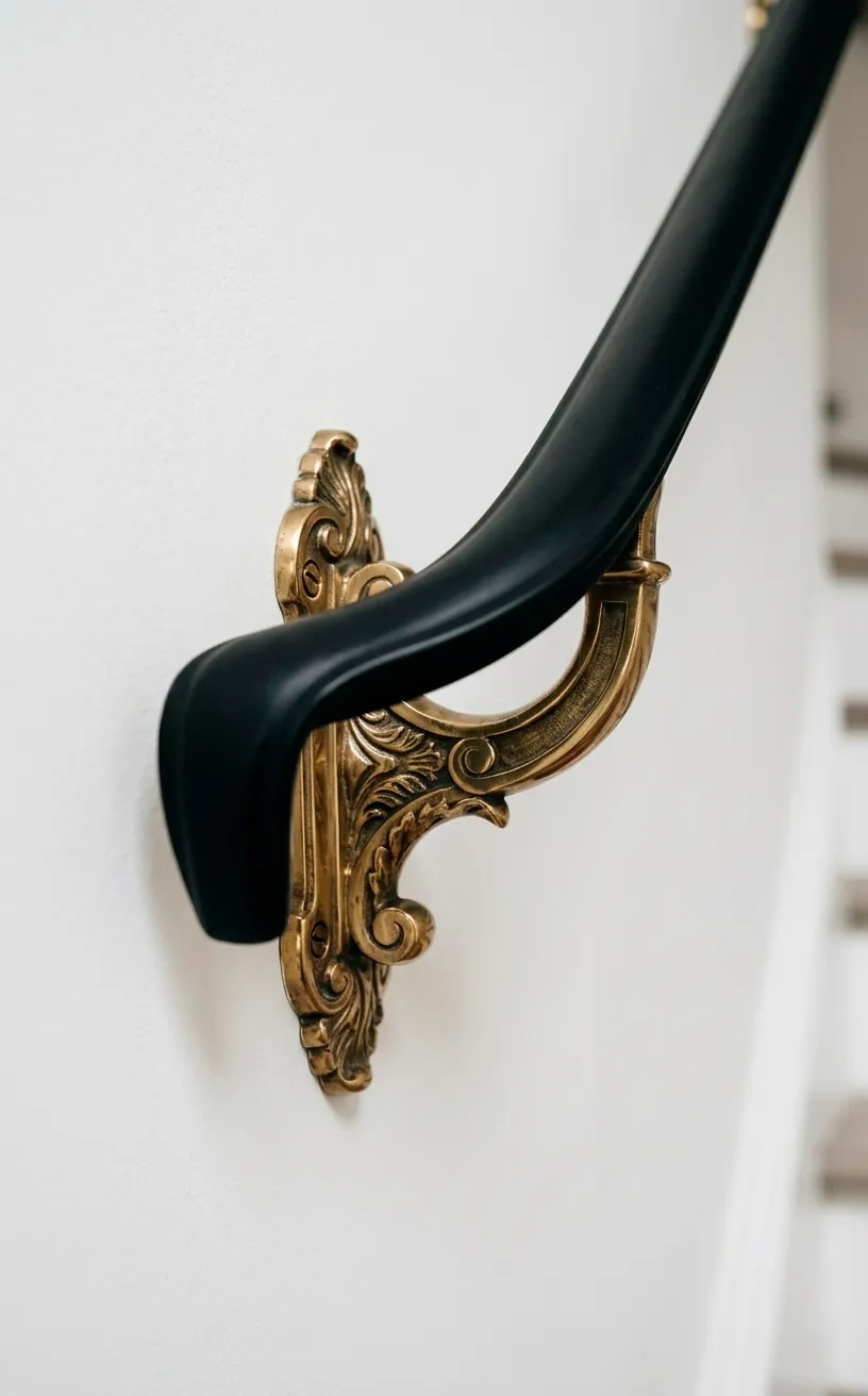 Close-up of a decorative brass mounting bracket for a black staircase railing.