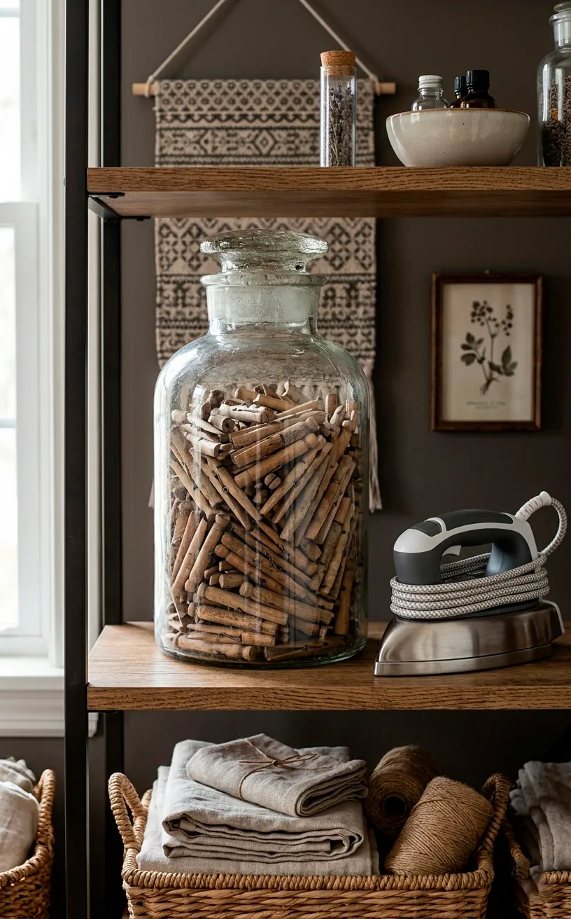 Antique glass jar filled with vintage wooden clothespins on a laundry room shelf.