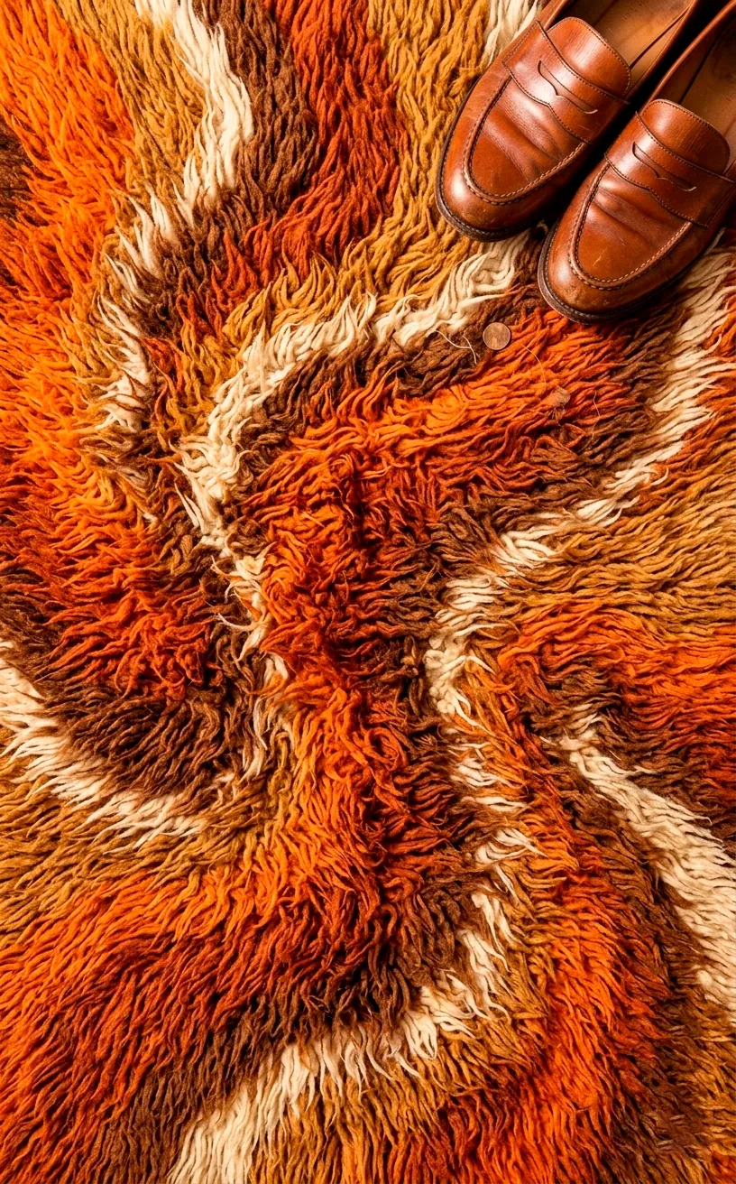 Close up of a thick shaggy rya rug with a retro 1970s orange and brown pattern.