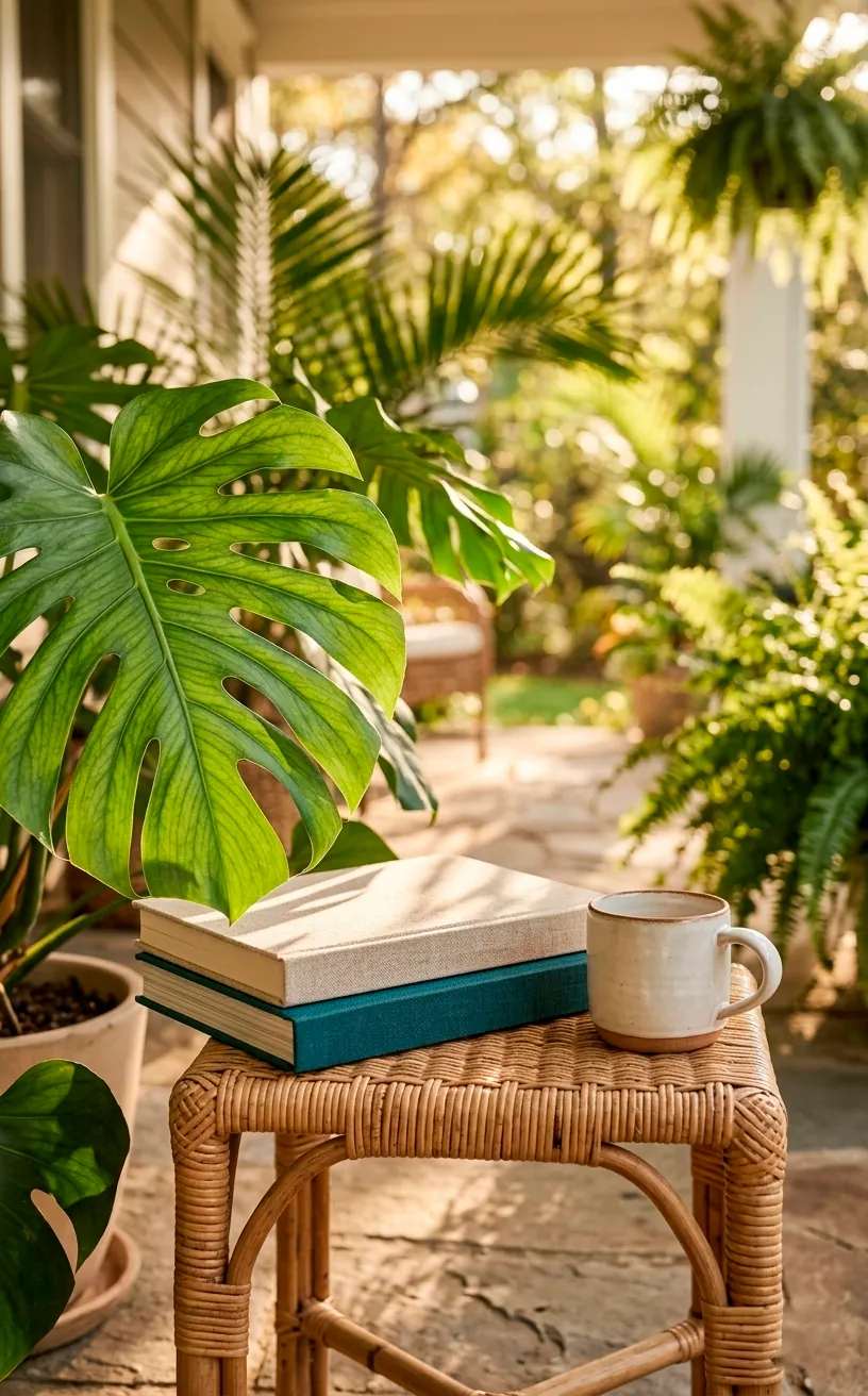 Close up of a Monstera plant leaf and wicker stool in a sunlit porch corner.