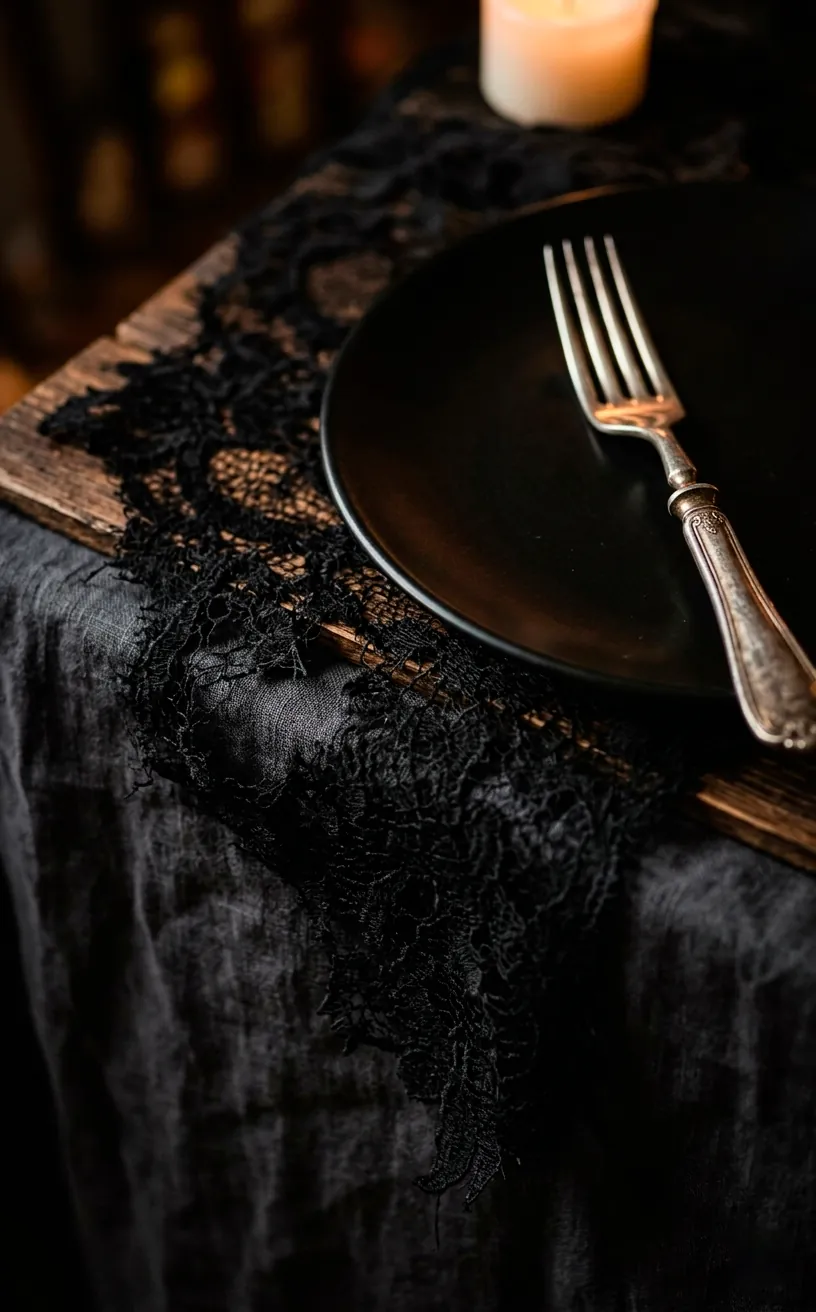 Close-up of vintage silver cutlery and black lace textures on a dark cottagecore table.