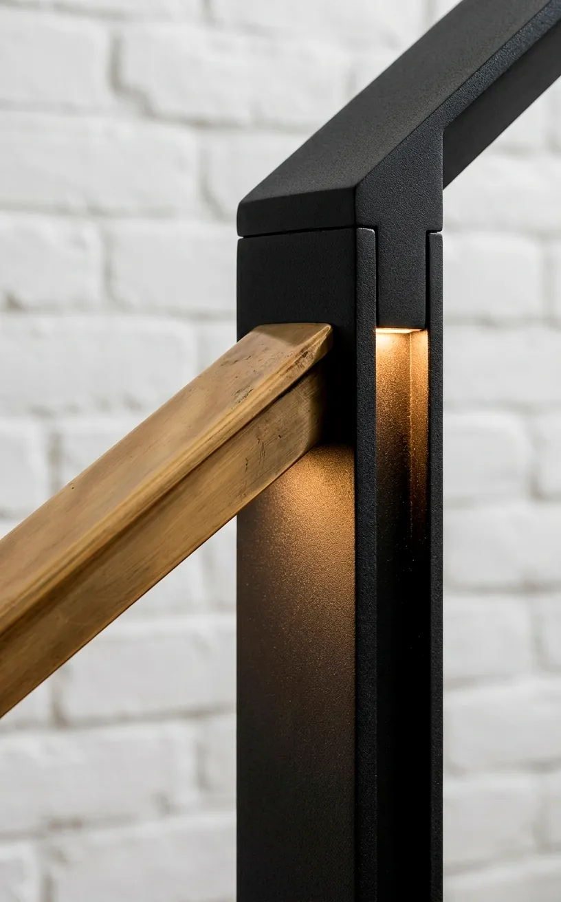 Close-up of a satin brass handrail connecting to a matte black stair post.