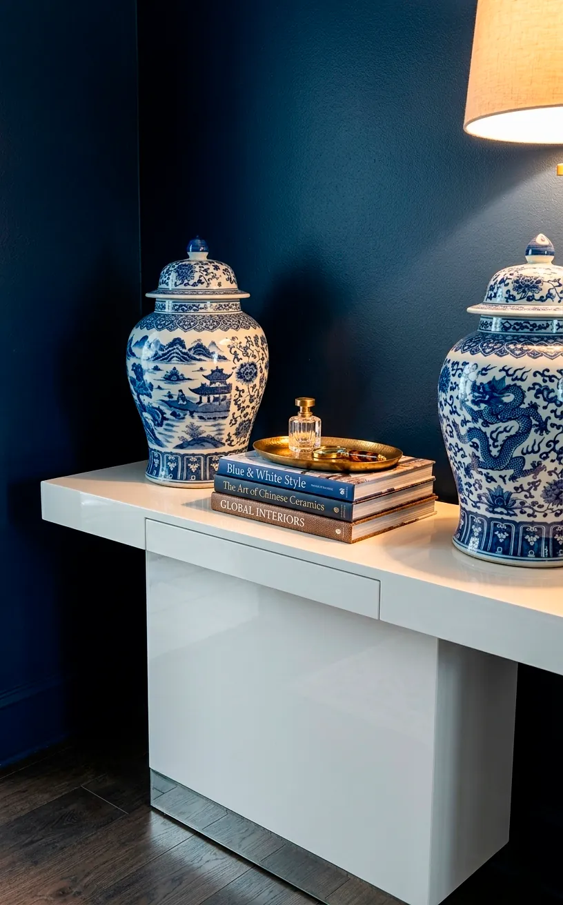Navy wall backdrop with white console table and decorative ginger jars.