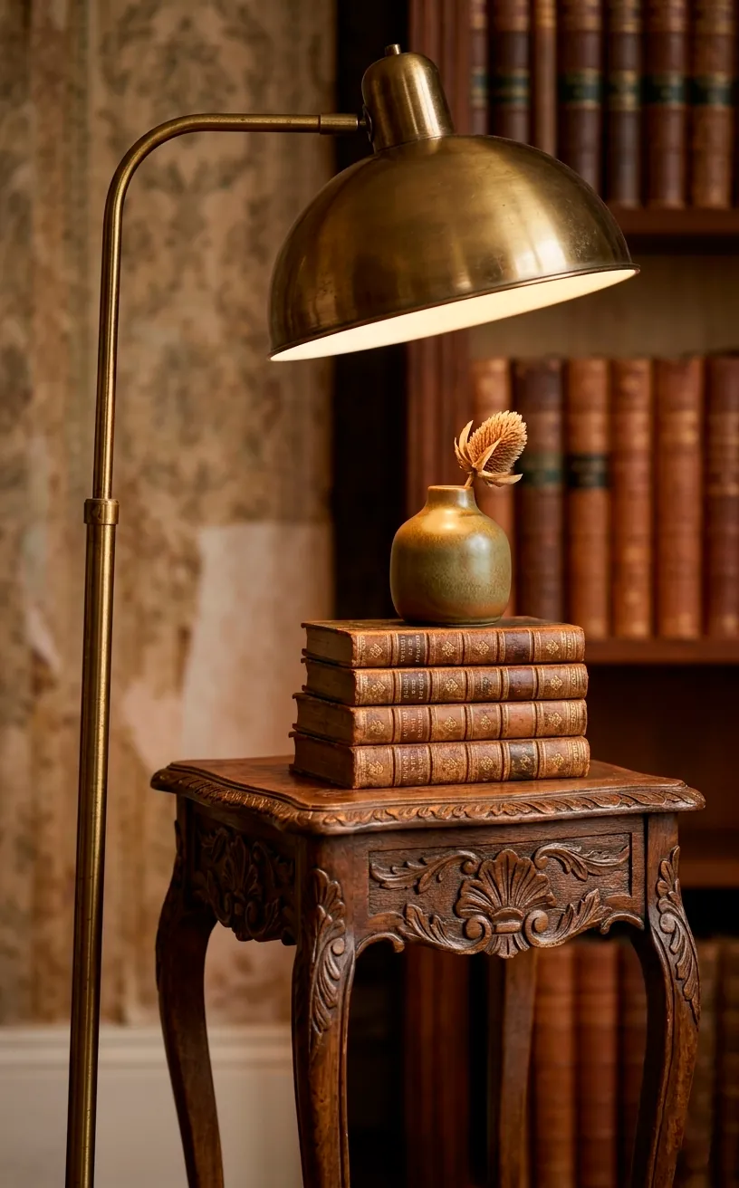 A close-up of a brass 1970s lamp next to a Victorian side table with antique books and a ceramic vase.