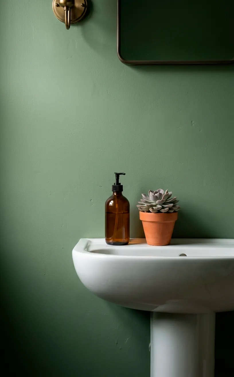 Close-up of a sage green bathroom wall behind a white sink with an amber soap dispenser.