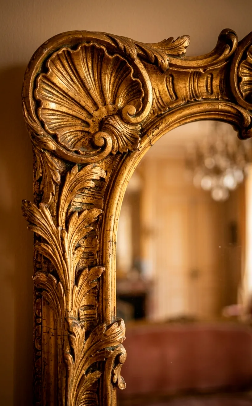 Close-up of ornate gold leaf carvings on the top of an antique French mirror frame.