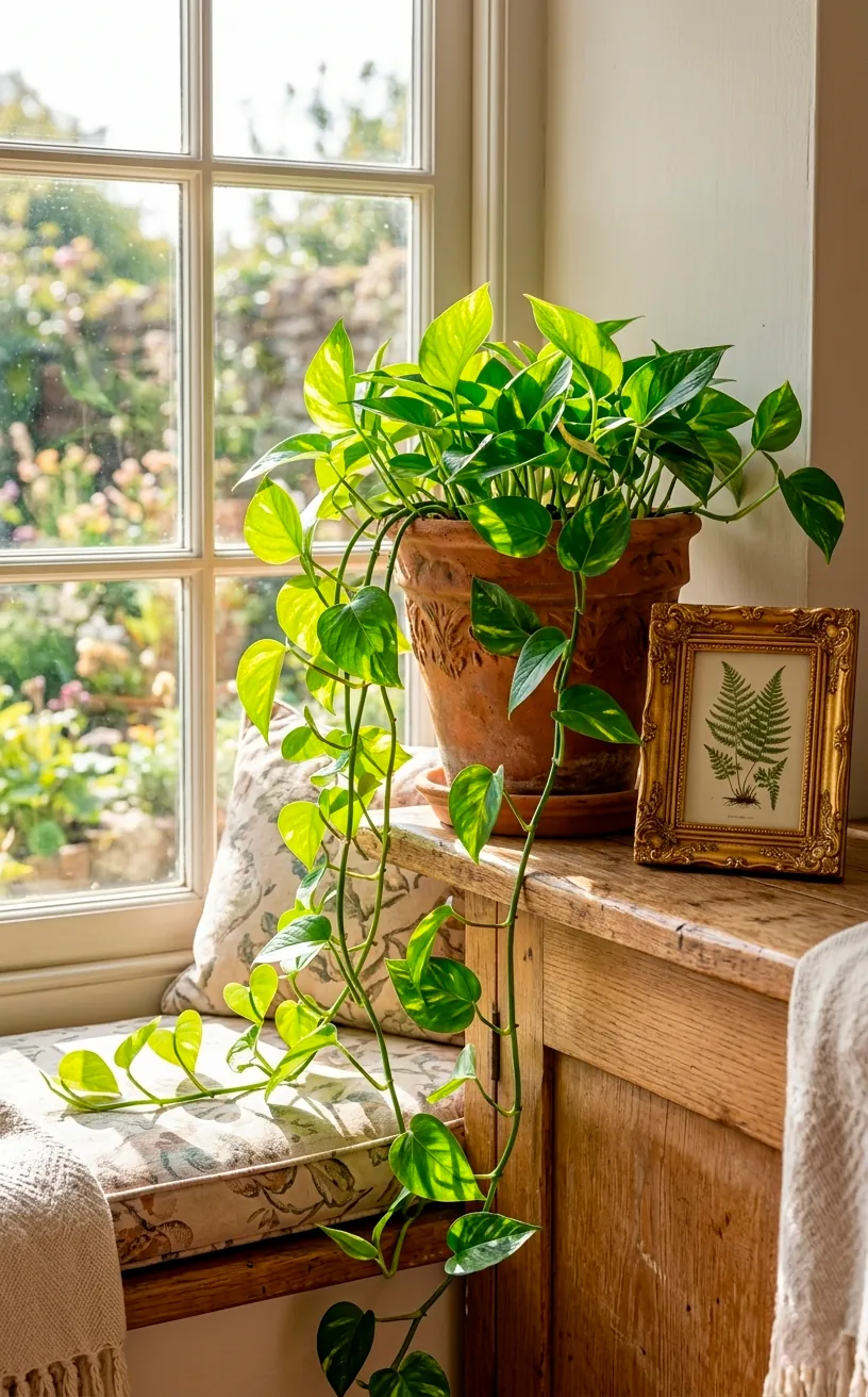 Trailing plant and framed art on a sunny window seat ledge.