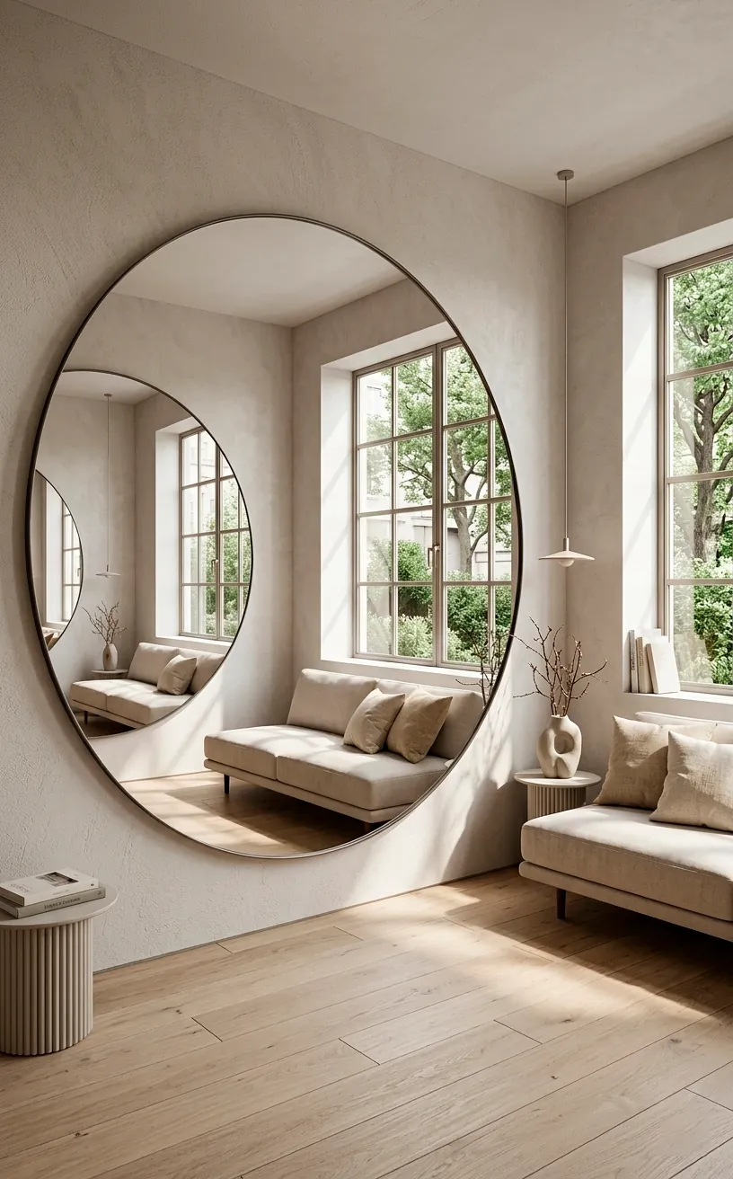 Large circular mirror on a living room wall reflecting a minimalist interior and bright window light.