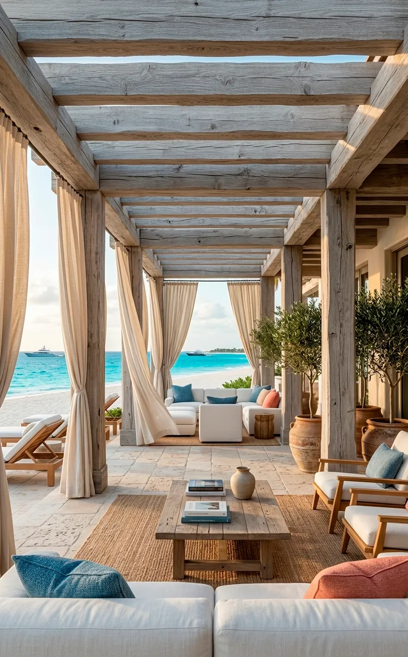 White-washed wood pergola with flowing white curtains and ocean views.
