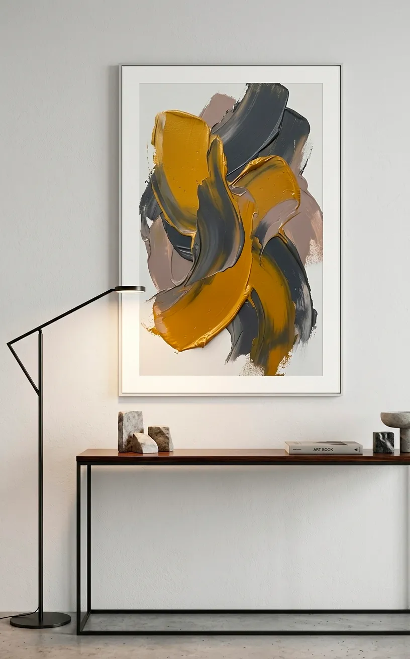 Large abstract mustard yellow and gray painting on a white studio wall.