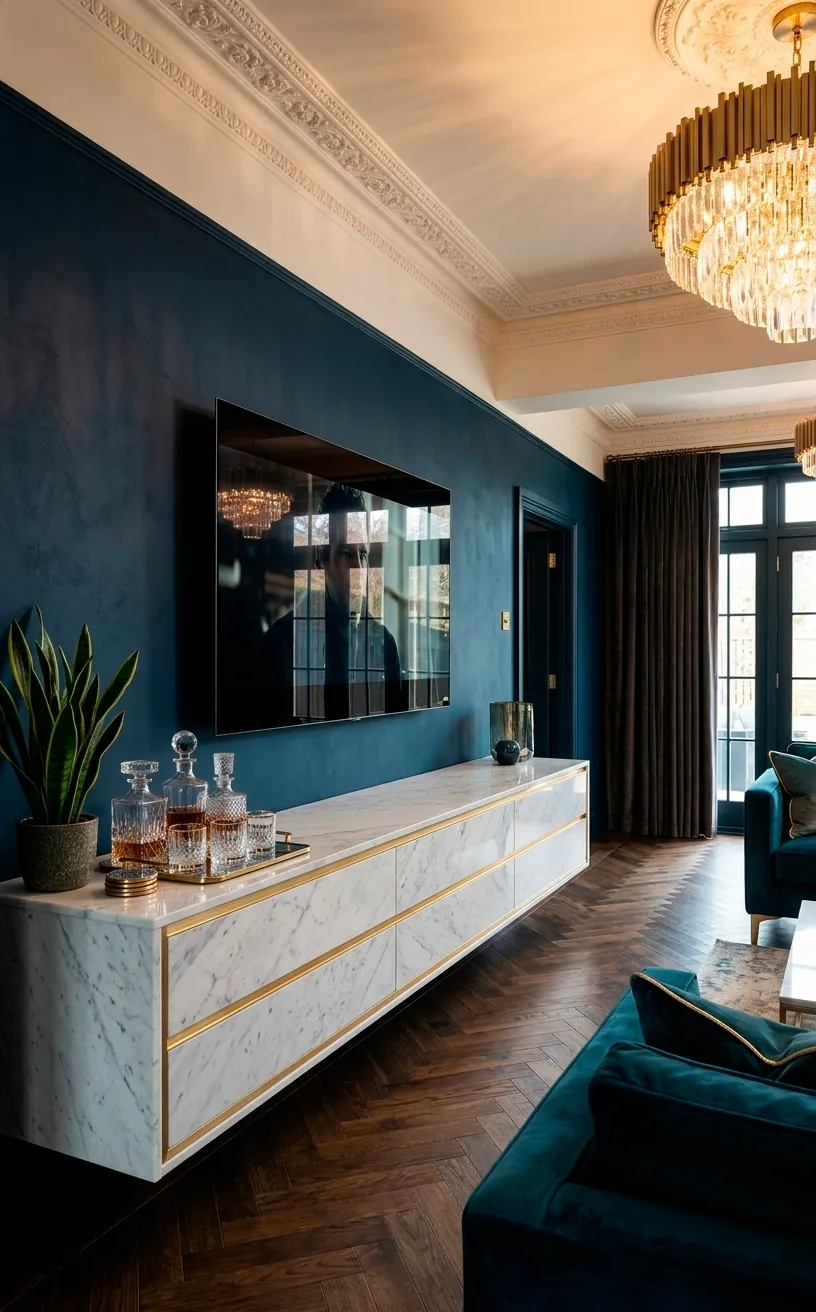 Luxury marble and gold floating TV console on a deep navy blue accent wall.