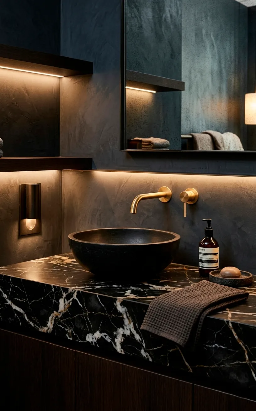 Dramatic black marble vanity with white veins and a gold faucet.