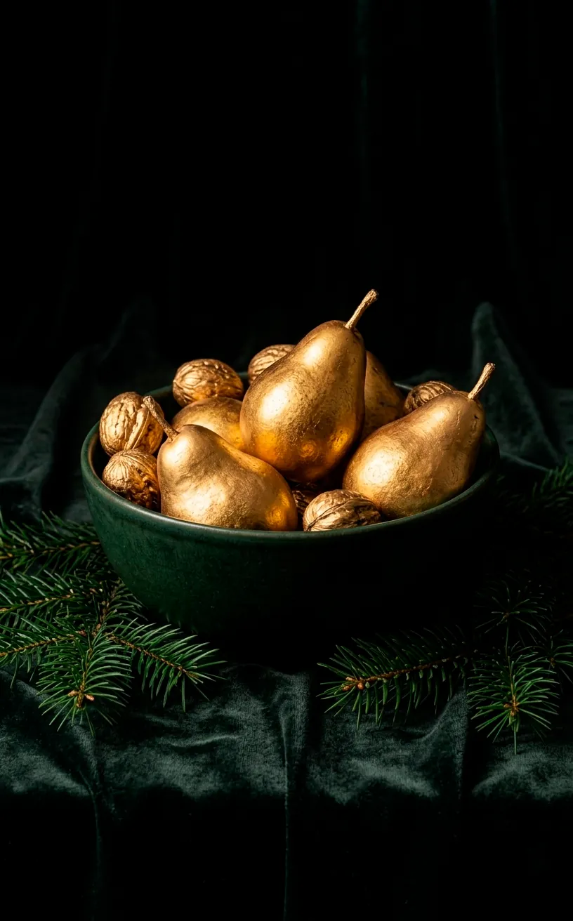 Bowl of gold-painted pears and walnuts as a Christmas centerpiece.