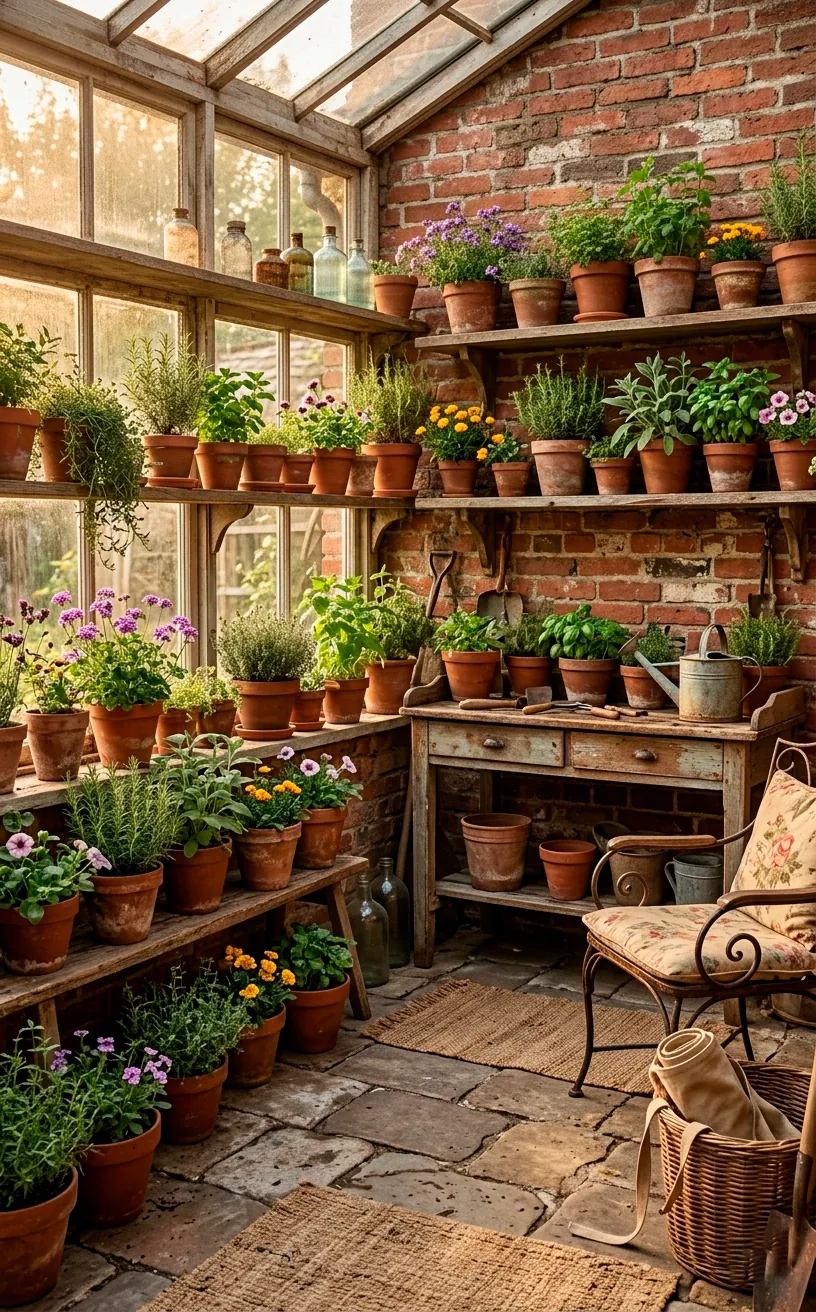 Rustic enclosed porch with reclaimed wood shelves and terracotta herb pots.