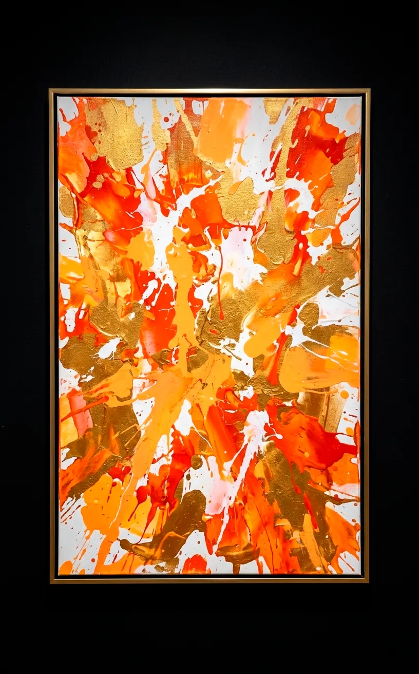 Vibrant abstract art with gold frame displayed on a black dining room wall.