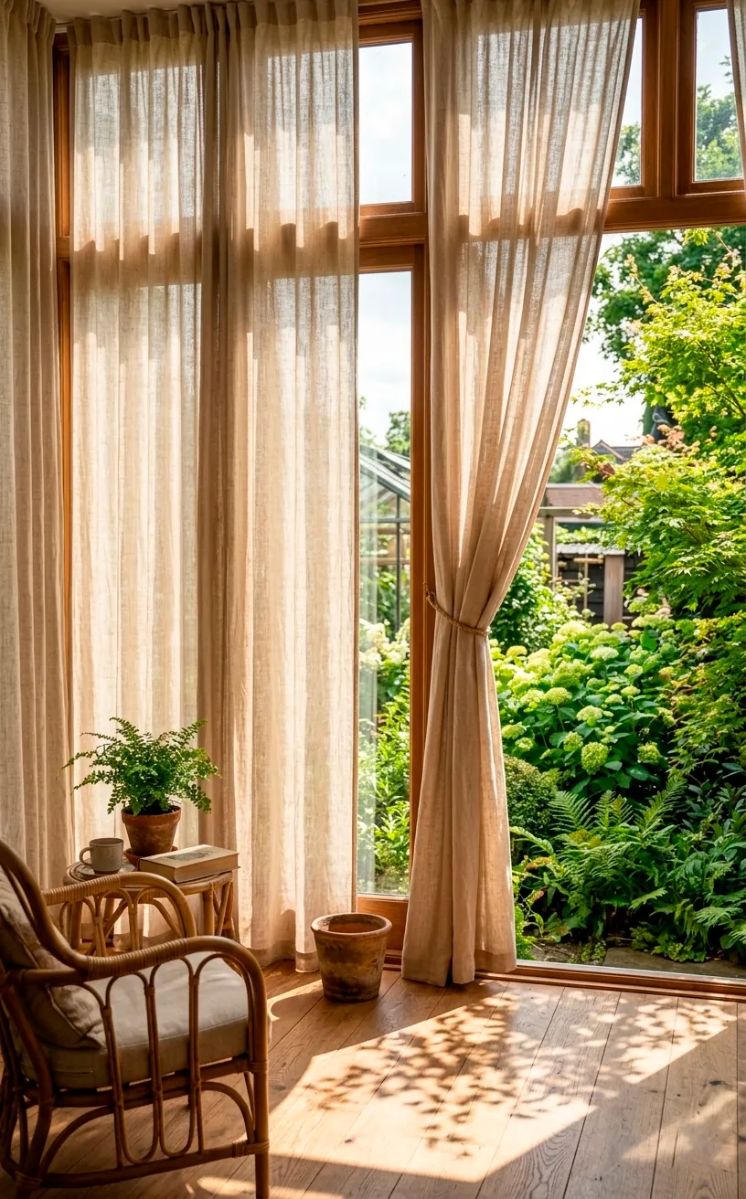 Sunroom with high-quality light-colored linen curtains reflecting natural sunlight.