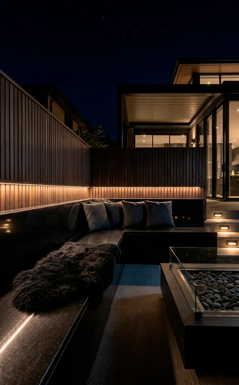 Built-in black basalt stone bench with dark cushions and sheepskin rug.