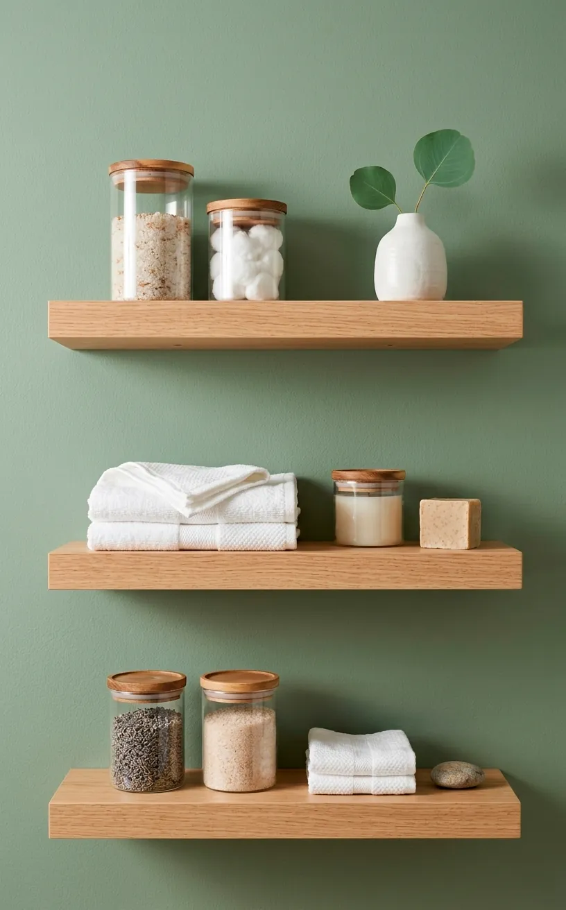 Wooden floating shelves with glass jars on a sage green bathroom wall.