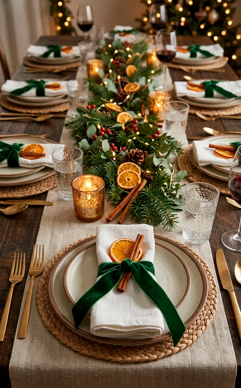 Holiday table setting with napkins tied with velvet ribbons and dried orange slices.