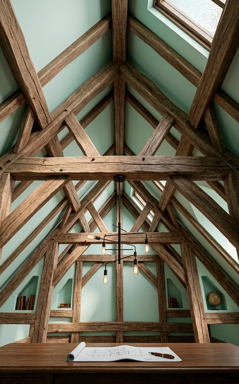 Exposed oak beams on a soft mint attic ceiling with a modern pendant light.